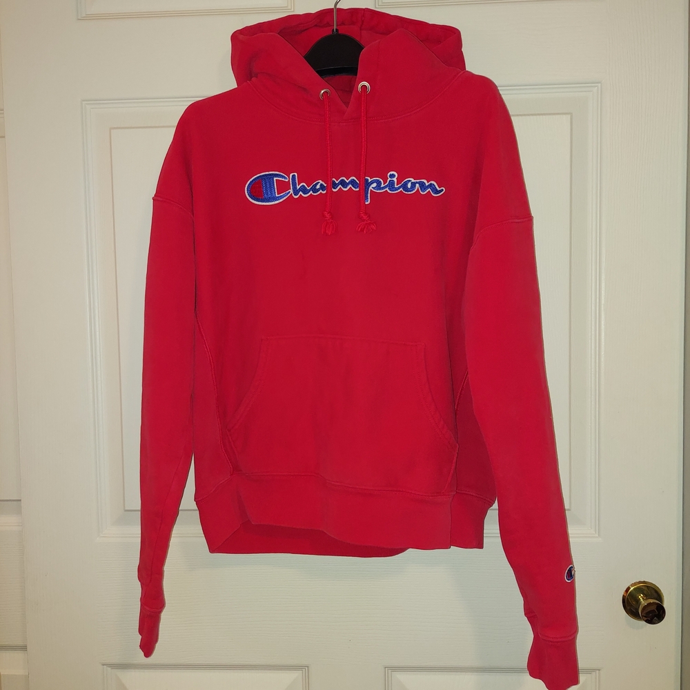 Champion Red Reverse Weave Logo Hoodie Sz. L Unisex